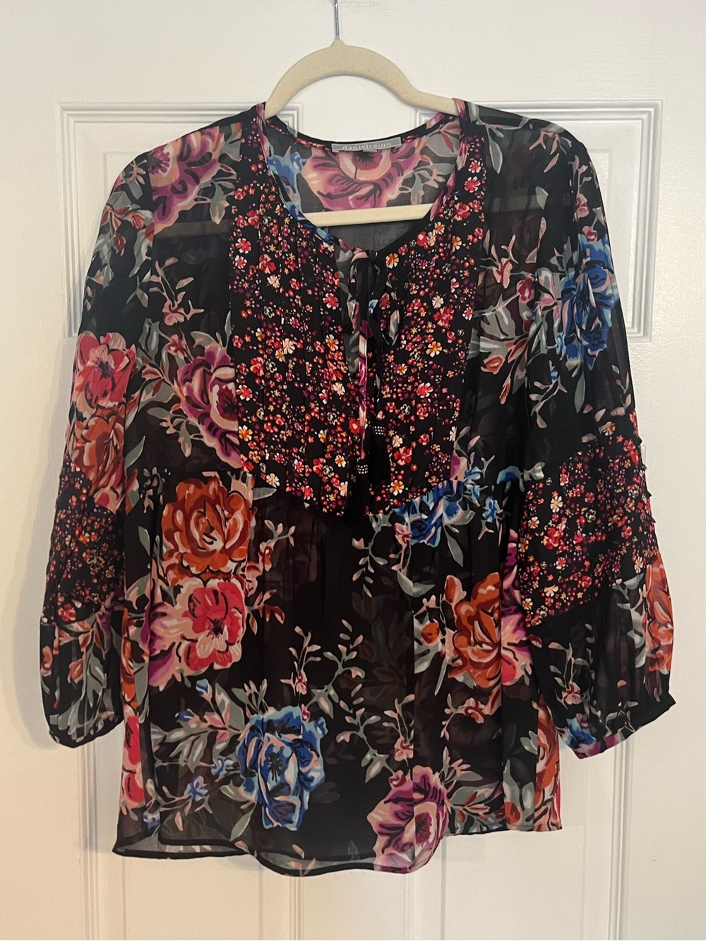 Daniel Rainn Black Sheer Floral Tie-Neck Blouse